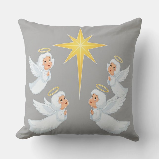 Four Cute Angels Praying Around a Bright Star Throw Pillow (Front)