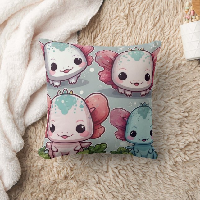 Four Cute Axolotl Print Throw Pillow (Blanket)