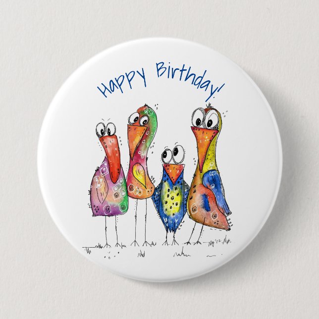 Four Cute Colourful Whimsical Birds 3 Inch Round Button (Front)