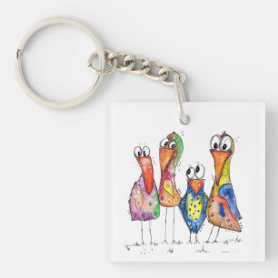 Four Cute Colourful Whimsical Birds Keychain