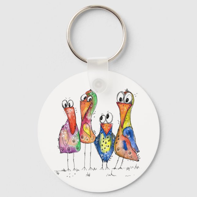 Four Cute Colourful Whimsical Birds Keychain (Front)