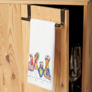 Four Cute Colourful Whimsical Birds Kitchen Towel
