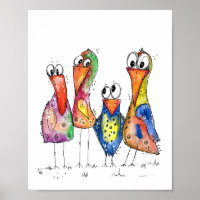Four Cute Colourful Whimsical Birds