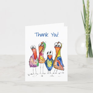 Four Cute Colourful Whimsical Birds Thank You Card