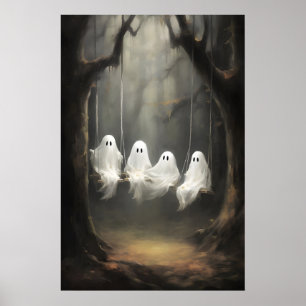 Four cute ghosts on a swing in fall woods print