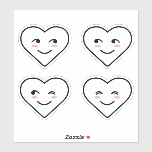 Four Cute Happy Smiling Faces White Cartoon Heart (Sheet)