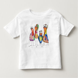 Four Cute Whimsical Colourful Birds T-Shirt
