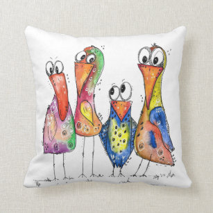 Four Cute Whimsical Colourful Birds Throw Pillow