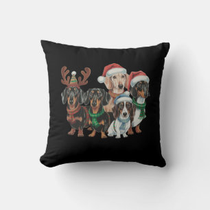 Four Dachshund Dogs Dressed In Festive Attire Throw Pillow
