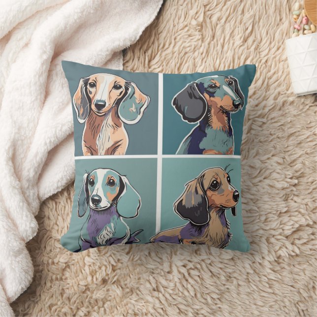 Four Dachshunds Illustration Throw Pillow (Blanket)