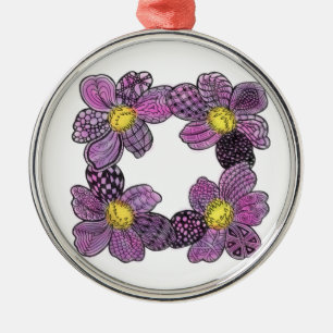Four Dahlias or African Violets in Pink and Purple Metal Ornament