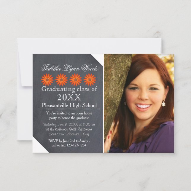 Four Daisies Chalkboard - 3x5 Grad Announcement (Front)