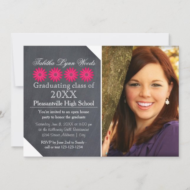 Four Daisies Chalkboard - Grad Announcement (Front)