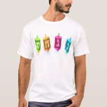 Four Dreidels Dark Shirts<br><div class="desc">Four multicolored dreidels showing nun,  gimel,  hei,  and shin. Nes Gadol Hayah Sham. A Chanukah design.</div>
