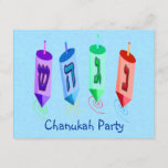 Four Dreidels Invitations<br><div class="desc">Four multicolored dreidels showing nun,  gimel,  hei,  and shin. Nes Gadol Hayah Sham. A Chanukah design. Customizable Chanukah party invitations--add and customize with your information.</div>