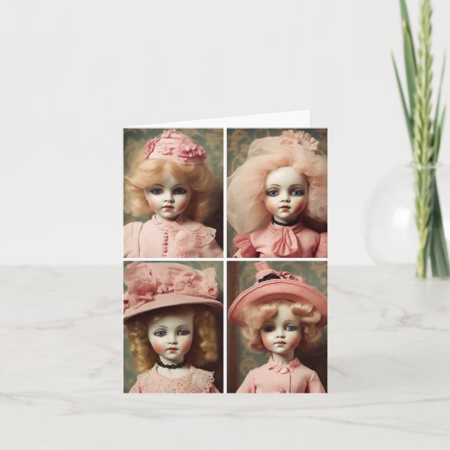 Four Dressed in Pink Creepy Vintage Dolls  Card (Front)