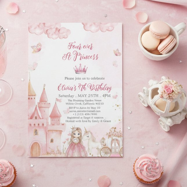 Four Ever A Princess Castle unicorn 4th Birthday  Invitation (Creator Uploaded)