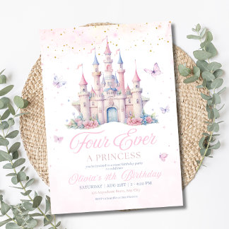 Four Ever A Princess Pink Girl 4th Birthday Party  Invitation