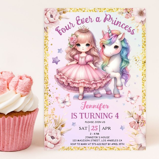 Four Ever A Princess Unicorn 4th Birthday Party Invitation (Creator Uploaded)
