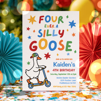 Four Ever A Silly Goose Boy 4th Birthday Party  Invitation