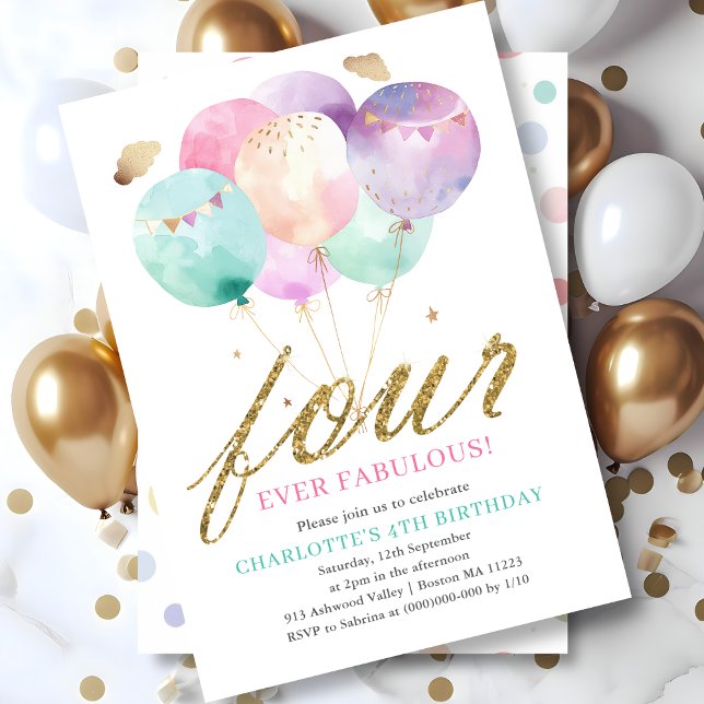 Four Ever Fabulous Balloon 4th Birthday Invitation (Creator Uploaded)