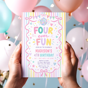 Four ever Fun Pastel Stripes Girly Birthday Invitation