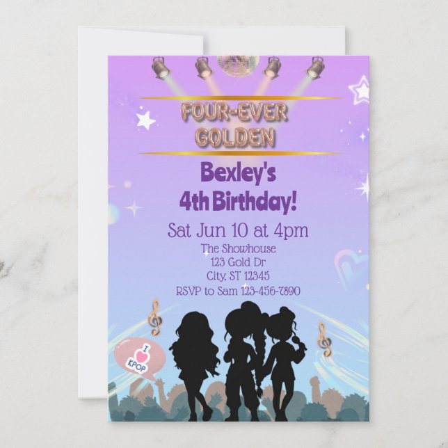 Four-Ever Golden KPOP Birthday  Invitation (Front)