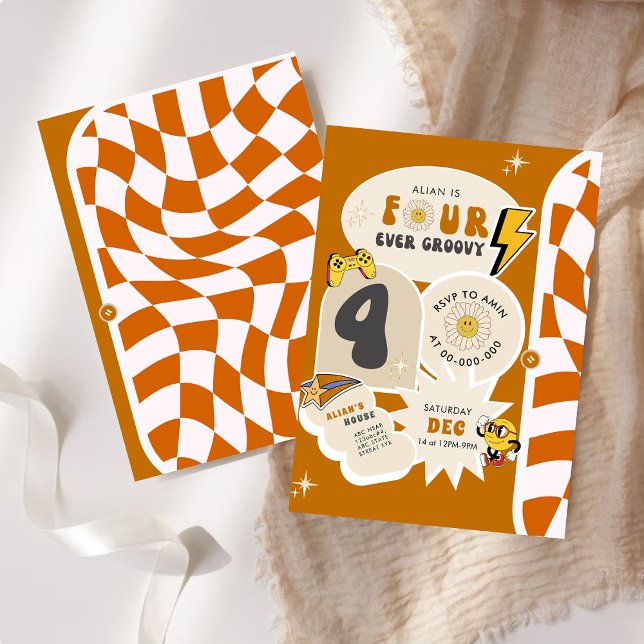 Four ever Groovy 4th Retro Chequered Birthday Invitation (Creator Uploaded)