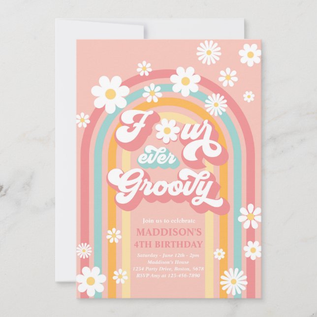 Four Ever Groovy Boho Daisy Rainbow 4th Birthday Invitation (Front)