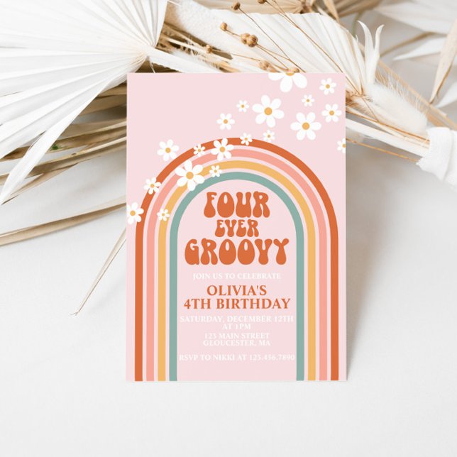 Four Ever Groovy daisy rainbow 4TH birthday Invitation (Creator Uploaded)