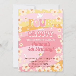 Four-ever Groovy girl 4th birthday invite, retro. Invitation