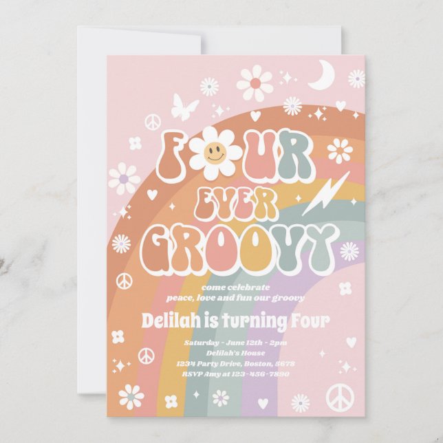 Four Ever Groovy Hippie 4th Birthday Party Invitation (Front)