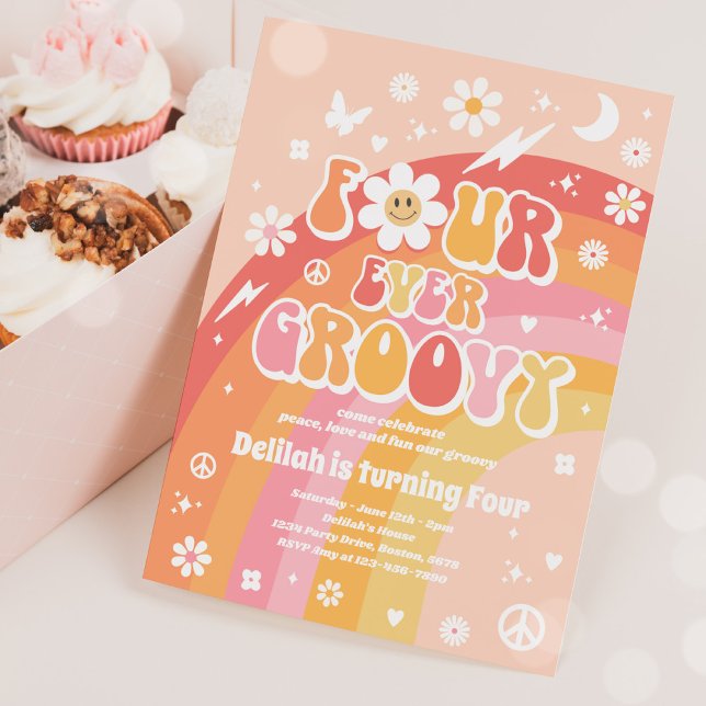 Four Ever Groovy Hippie 4th Birthday Party  Invitation (Creator Uploaded)