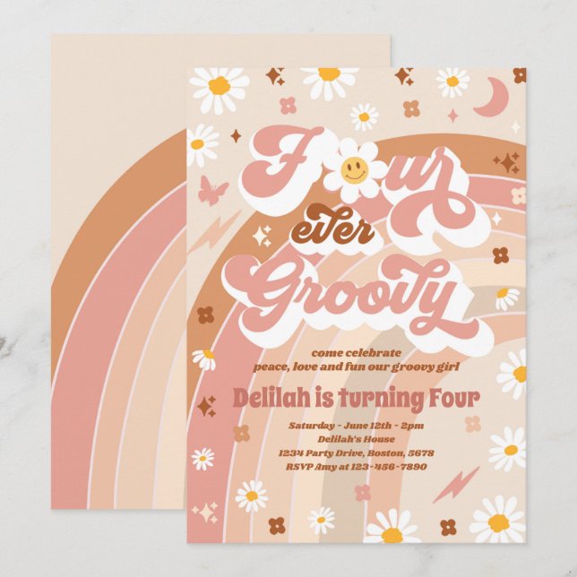 Four Ever Groovy Hippie Rainbow 4th Birthday Party Invitation (Front/Back)
