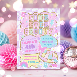 Four Ever Groovy Preppy Varsity 4th Birthday Party Invitation