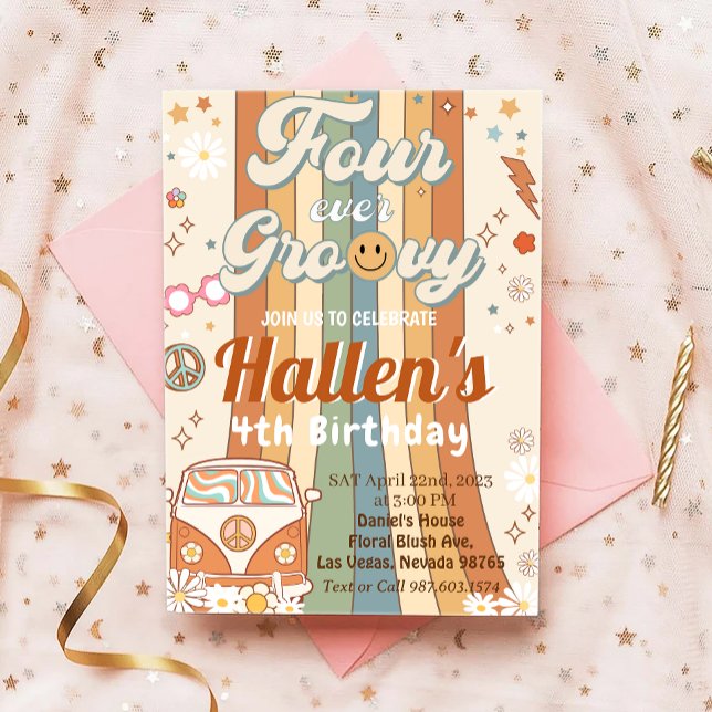 Four Ever Groovy Retro Boho Rainbow 4th Birthday Invitation (Creator Uploaded)