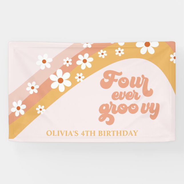 Four Ever Groovy Retro Daisy 4th Birthday Banner (Horizontal)