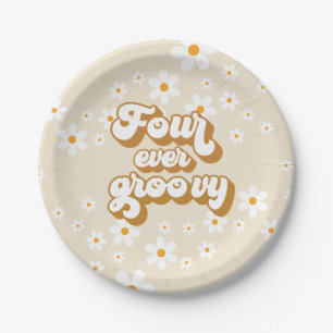 Four Ever Groovy Retro Daisy 4th Birthday Paper Plate