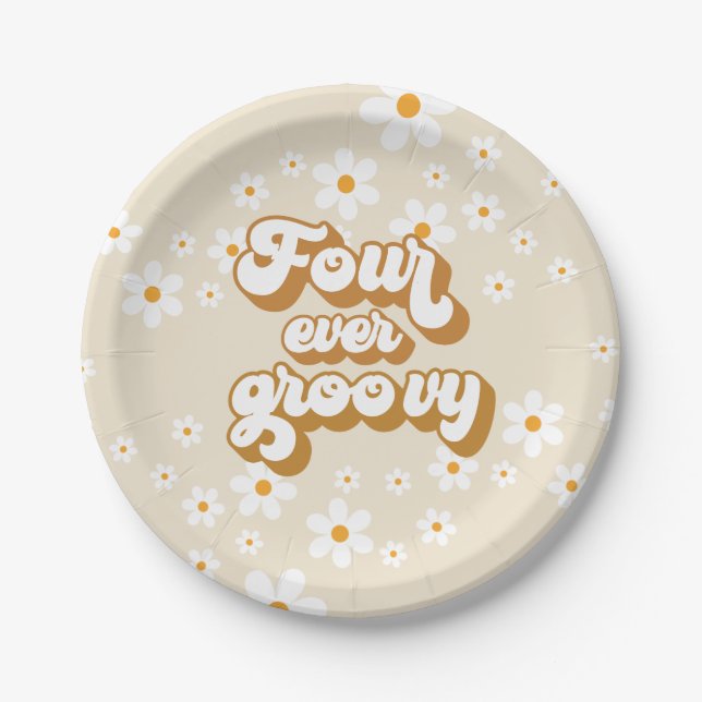 Four Ever Groovy Retro Daisy 4th Birthday Paper Plate (Front)