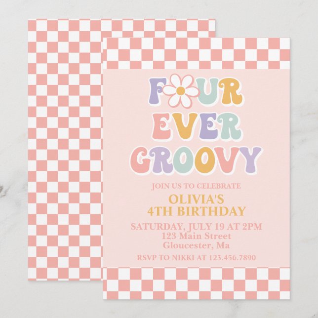 Four Ever Groovy Retro Daisy Chequered 4th Birthda Invitation (Front/Back)