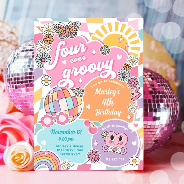 Four Ever Groovy Retro Preppy Varsity Birthday Invitation (Creator Uploaded)