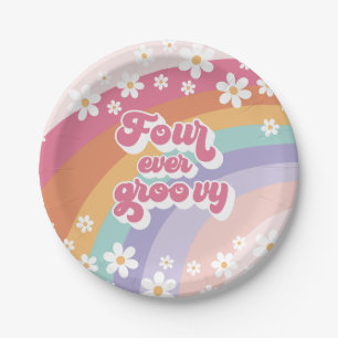 Four Ever Groovy Retro Rainbow 4th Birthday Paper Plate