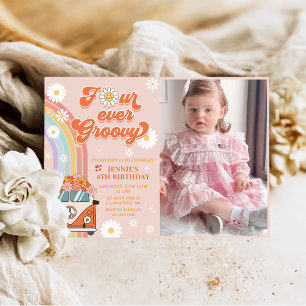 Four Ever Groovy Retro Rainbow 4th Birthday Photo Invitation