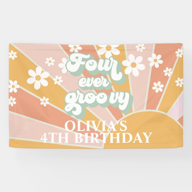 Four Ever Groovy Retro Sunshine Daisy Birthday Banner (Horizontal)