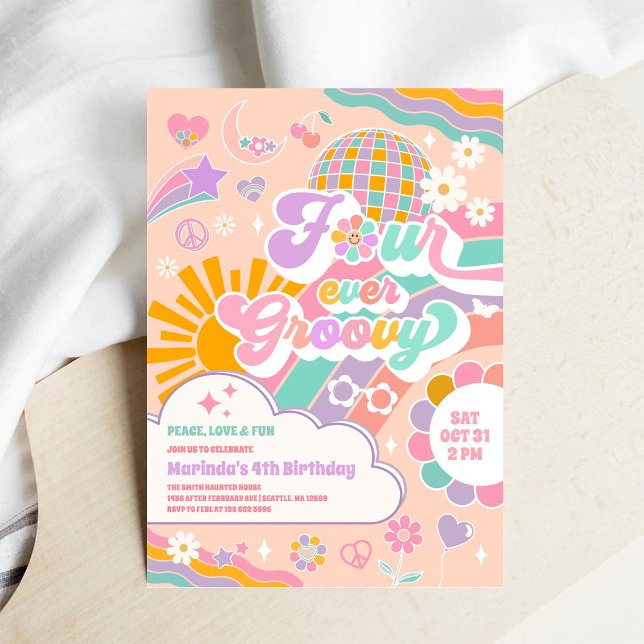 Four Ever Groovy Sun Rainbow Disco 4th Birthday Invitation (Creator Uploaded)