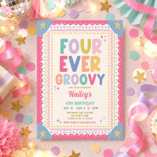 Four Ever Groovy Whimsical Girl 4th Birthday Party Invitation