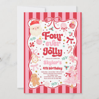 Four Ever Jolly Christmas Bow 4th Birthday Invitation