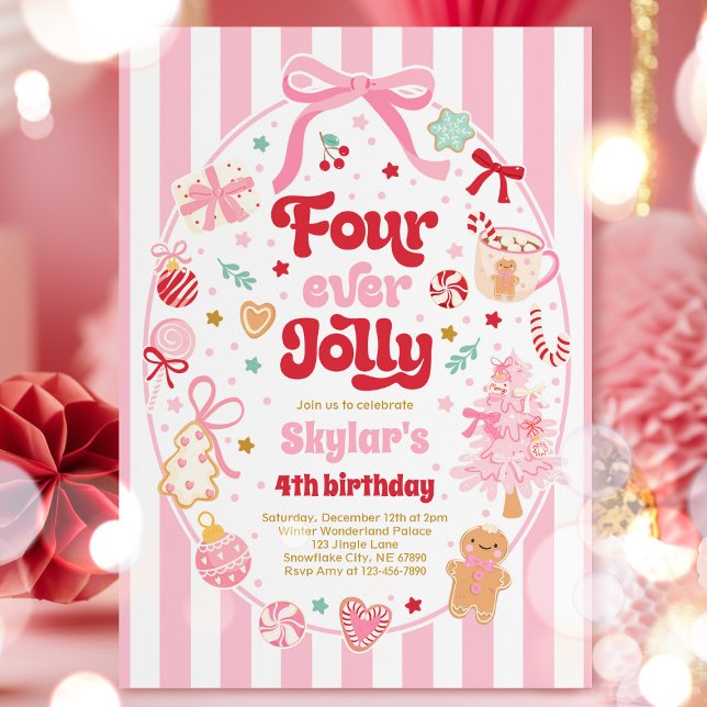 Four Ever Jolly Christmas Bow 4th Birthday Invitation (Creator Uploaded)