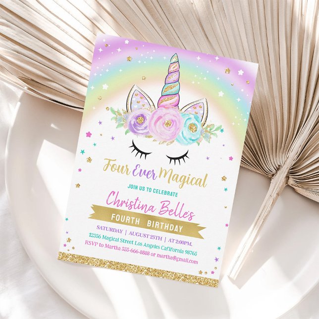 Four Ever Magical Girls 4th Unicorn Birthday Invitation (Creator Uploaded)