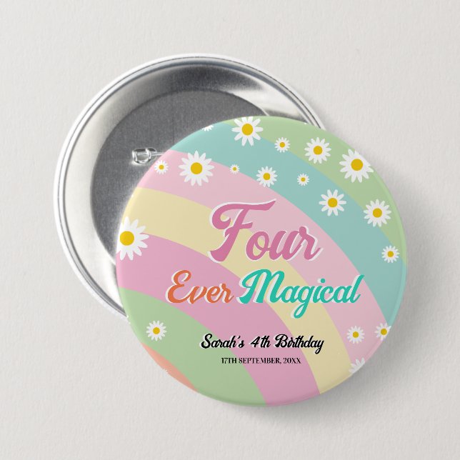 Four Ever Magical Groovy Fourth Birthday  3 Inch Round Button (Front & Back)